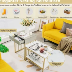 Moderner 2er Set Couchtisch mit Schublade & Regal in Marmoroptikfür Wohn- / Schlafzimmer Weiß + Grau