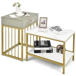 Moderner 2er Set Couchtisch mit Schublade & Regal in Marmoroptikfür Wohn- / Schlafzimmer Weiß + Grau