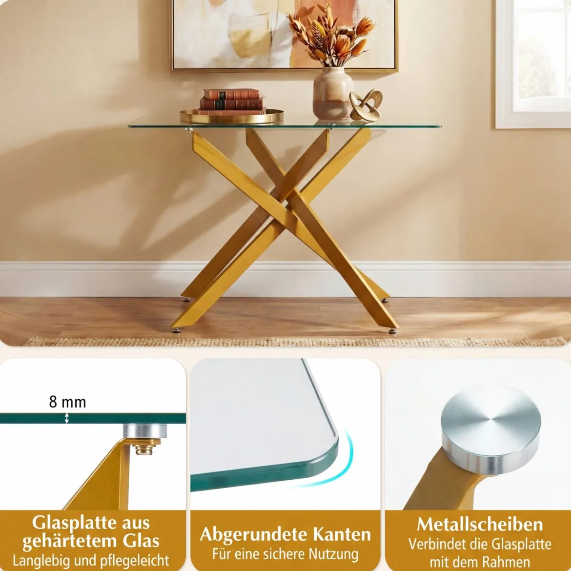 Moderner Glastisch mit Klarem Hartglastischplatte & Robusten Metalbeinen Konsolentisch Gold
