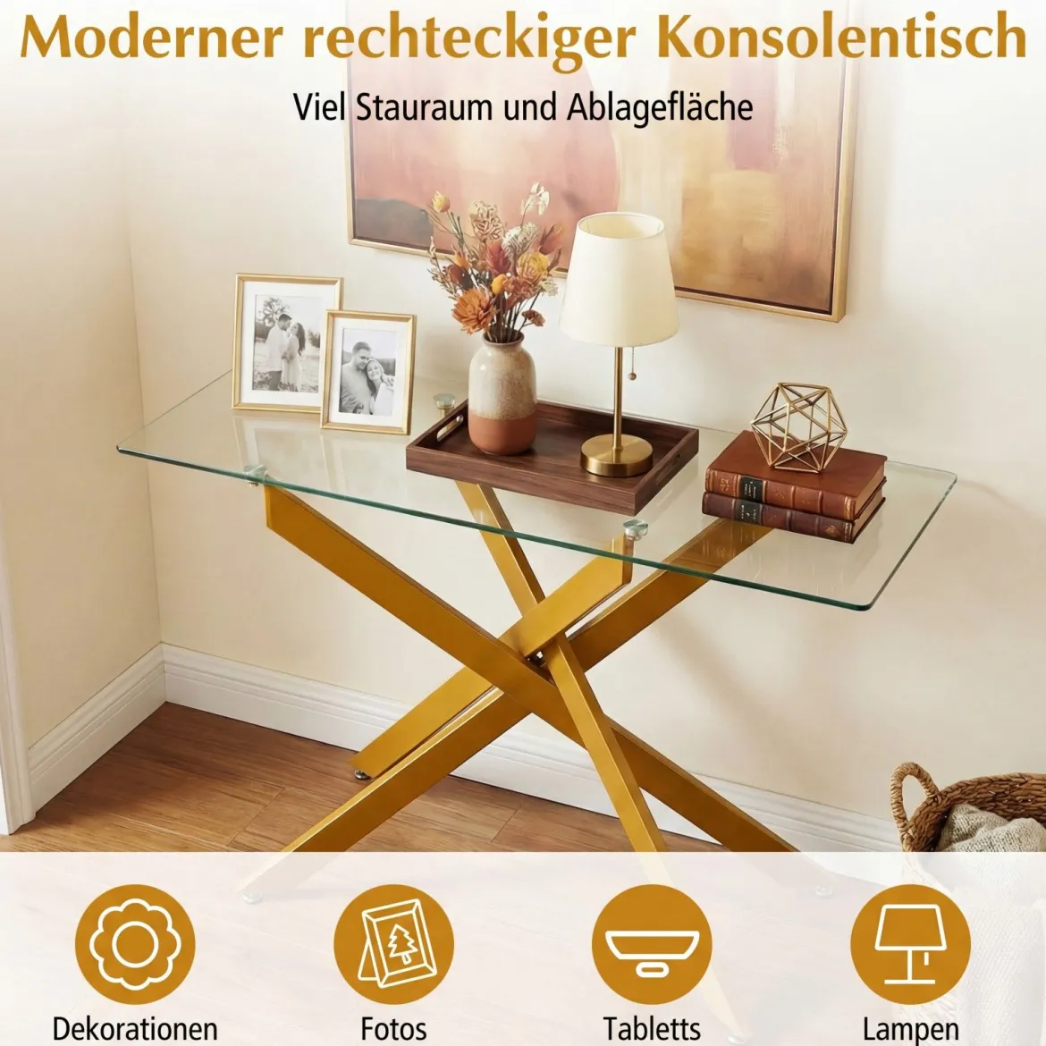 Moderner Glastisch mit Klarem Hartglastischplatte & Robusten Metalbeinen Konsolentisch Gold