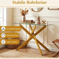 Moderner Glastisch mit Klarem Hartglastischplatte & Robusten Metalbeinen Konsolentisch Gold