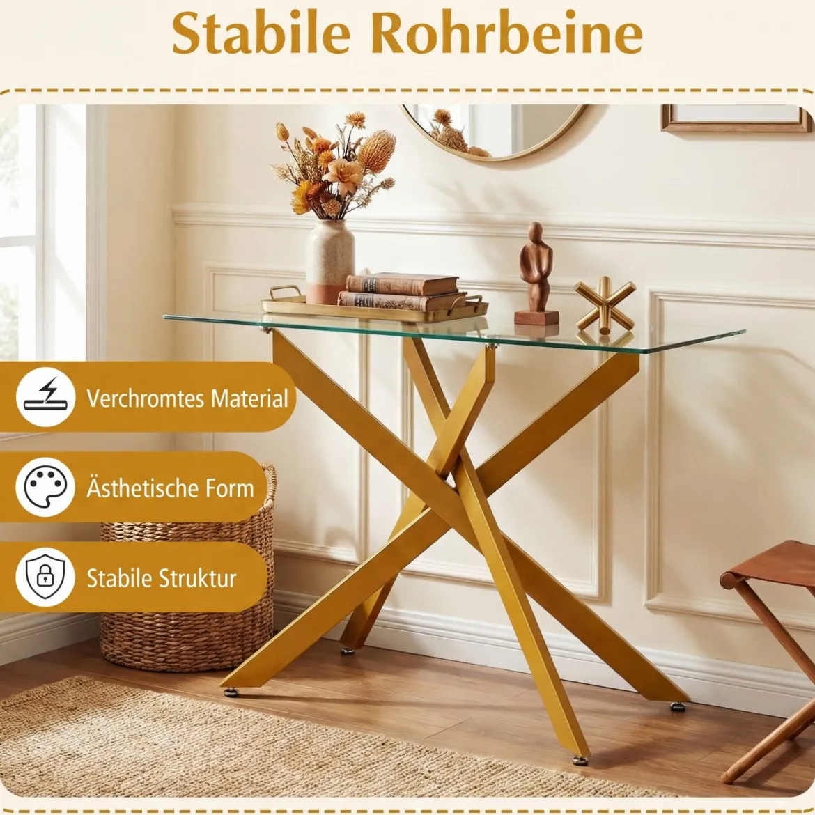 Moderner Glastisch mit Klarem Hartglastischplatte & Robusten Metalbeinen Konsolentisch Gold