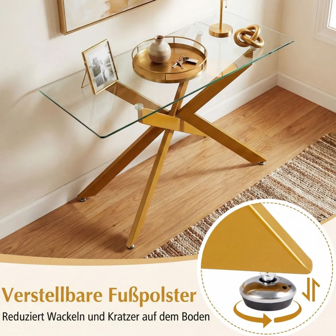 Moderner Glastisch mit Klarem Hartglastischplatte & Robusten Metalbeinen Konsolentisch Gold
