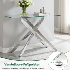 Moderner Glastisch mit Klarem Hartglastischplatte & Robusten Metalbeinen Konsolentisch Silber