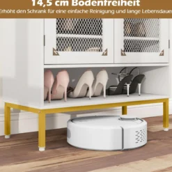 Moderner Holz Schuhschrank mit Mesh Türen & Metallbeinen & Verstellbaren Regalen Weiß