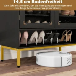 Moderner Holz Schuhschrank mit Maschentüren & Verstellbaren Regalen & Metallbeinen Schwarz