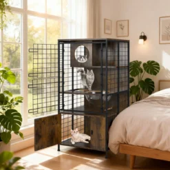 Moderner Katzenkabinett-Käfig mehrstöckiger Katzenstall mit Metallrahmen Katzenfutternapf Löcher Braun