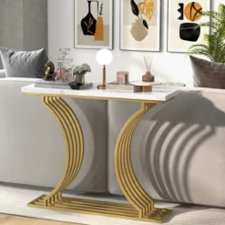 Moderner Konsolentisch mit Weißer Kunstmarmor Tischplatte & Geometrischen Metallbeinen Eingangstisch