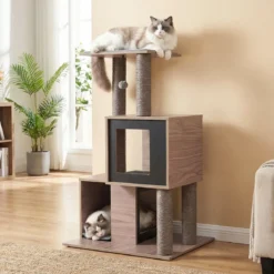 Moderner Kratzbaum für Innenkatzen 94 cm mehrstöckiger Holzturm mit Sisal-Kratzpfosten Grau