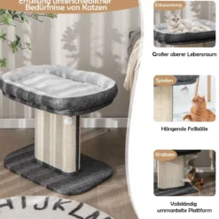 Moderner Kratzbaum Katzenmöbel mit großer Plüschsitzfläche & Sisal-Kratzplatte Grau