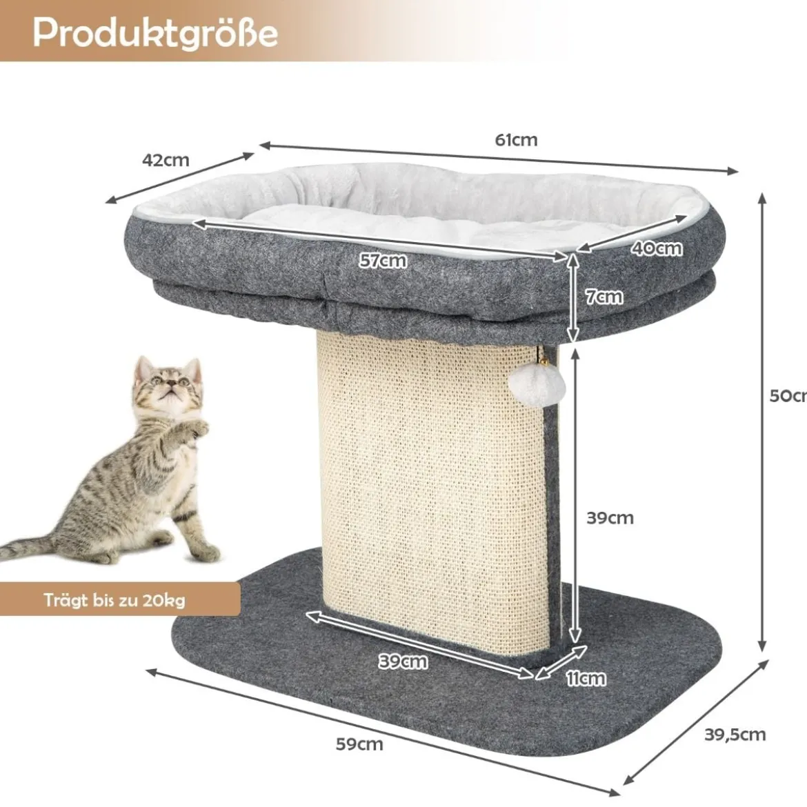 Moderner Kratzbaum Katzenmöbel mit großer Plüschsitzfläche & Sisal-Kratzplatte Grau