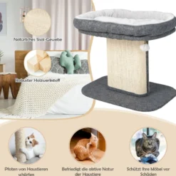 Moderner Kratzbaum Katzenmöbel mit großer Plüschsitzfläche & Sisal-Kratzplatte Grau