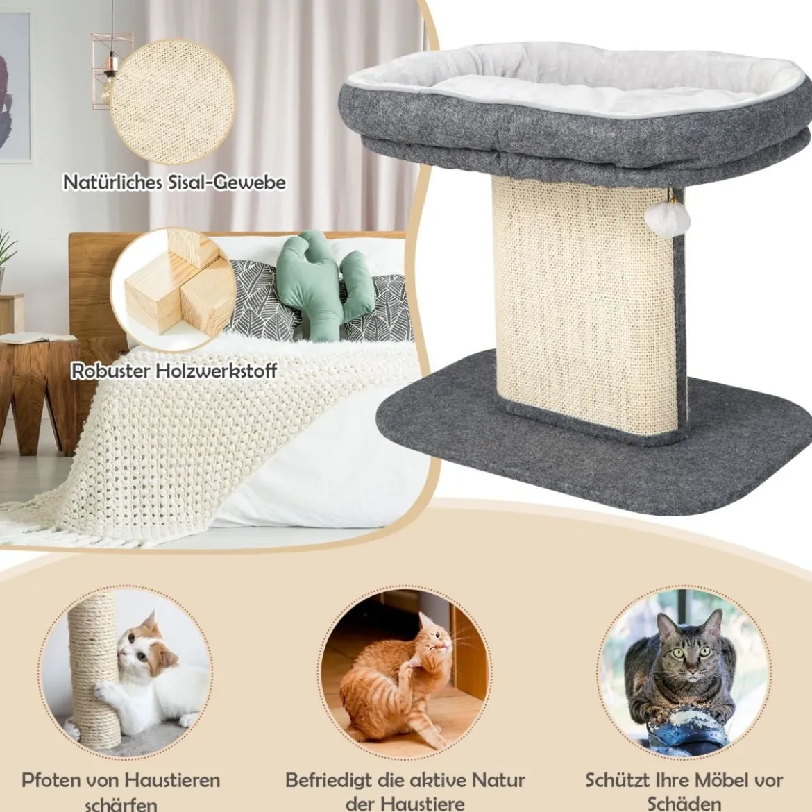 Moderner Kratzbaum Katzenmöbel mit großer Plüschsitzfläche & Sisal-Kratzplatte Grau