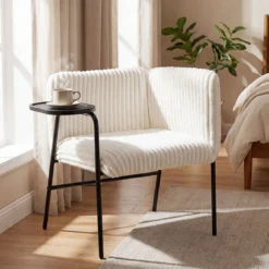 Moderner Loungesofa mit Tablett Cordstoff-polsterter Akzentstuhl Sessel mit stabilem Metallrahmen Beige