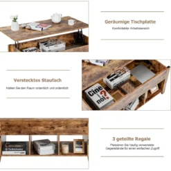 Moderner Multifunktionaler Couchtisch mit Aufklappbarer Platte für Wohnzimmer Braun