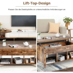 Moderner Multifunktionaler Couchtisch mit Aufklappbarer Platte für Wohnzimmer Braun