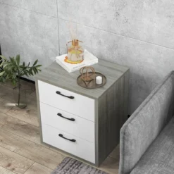Moderner Nachttisch aus Holz mit 3 Ausziehbaren Schubladen 55 x 47 x 65,5 cm Grau + Weiß