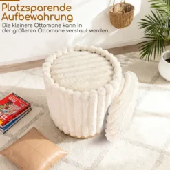 Moderner Ottoman-Set 2er 32 L + 21 L Rundhocker mit Hasenfell-Bezug abnehmbare Deckel Beige