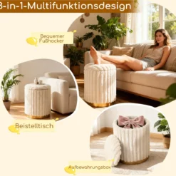 Moderner Ottoman-Set 2er 32 L + 21 L Rundhocker mit Hasenfell-Bezug abnehmbare Deckel Beige