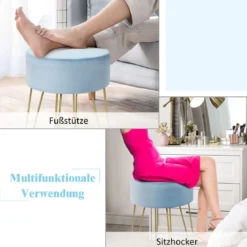 Moderner runder Fußhocker Ottomane aus Samt gepolsterter Ankleidehocker Beistellhocker Blau