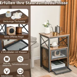 Moderner Stubentisch mit 2 Klappschubladen & offenem Regal Rustikal Braun