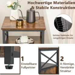 Moderner Stubentisch mit 2 Klappschubladen & offenem Regal Rustikal Braun