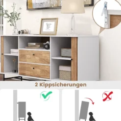 Modernes Buffet-Sideboard Kaffeebar im Mid-Century-Stil mit Schiebetüren 150 x 45 x 74 cm Weiß + Eiche