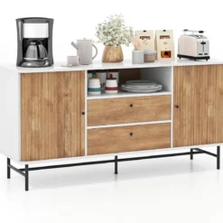 Modernes Buffet-Sideboard Kaffeebar im Mid-Century-Stil mit Schiebetüren 150 x 45 x 74 cm Weiß + Eiche