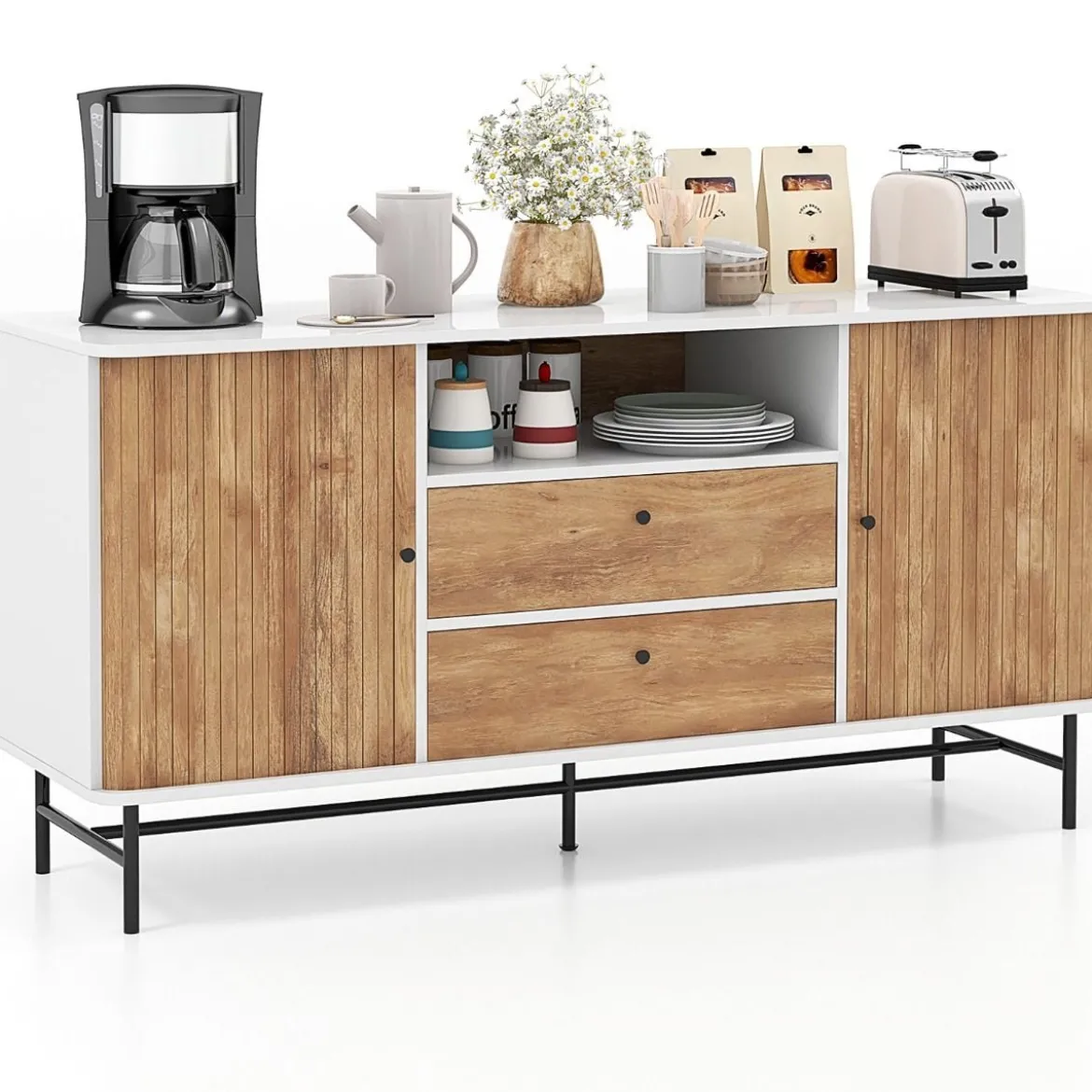 Modernes Buffet-Sideboard Kaffeebar im Mid-Century-Stil mit Schiebetüren 150 x 45 x 74 cm Weiß + Eiche