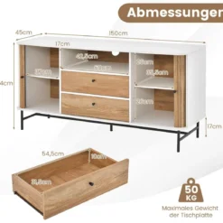 Modernes Buffet-Sideboard Kaffeebar im Mid-Century-Stil mit Schiebetüren 150 x 45 x 74 cm Weiß + Eiche
