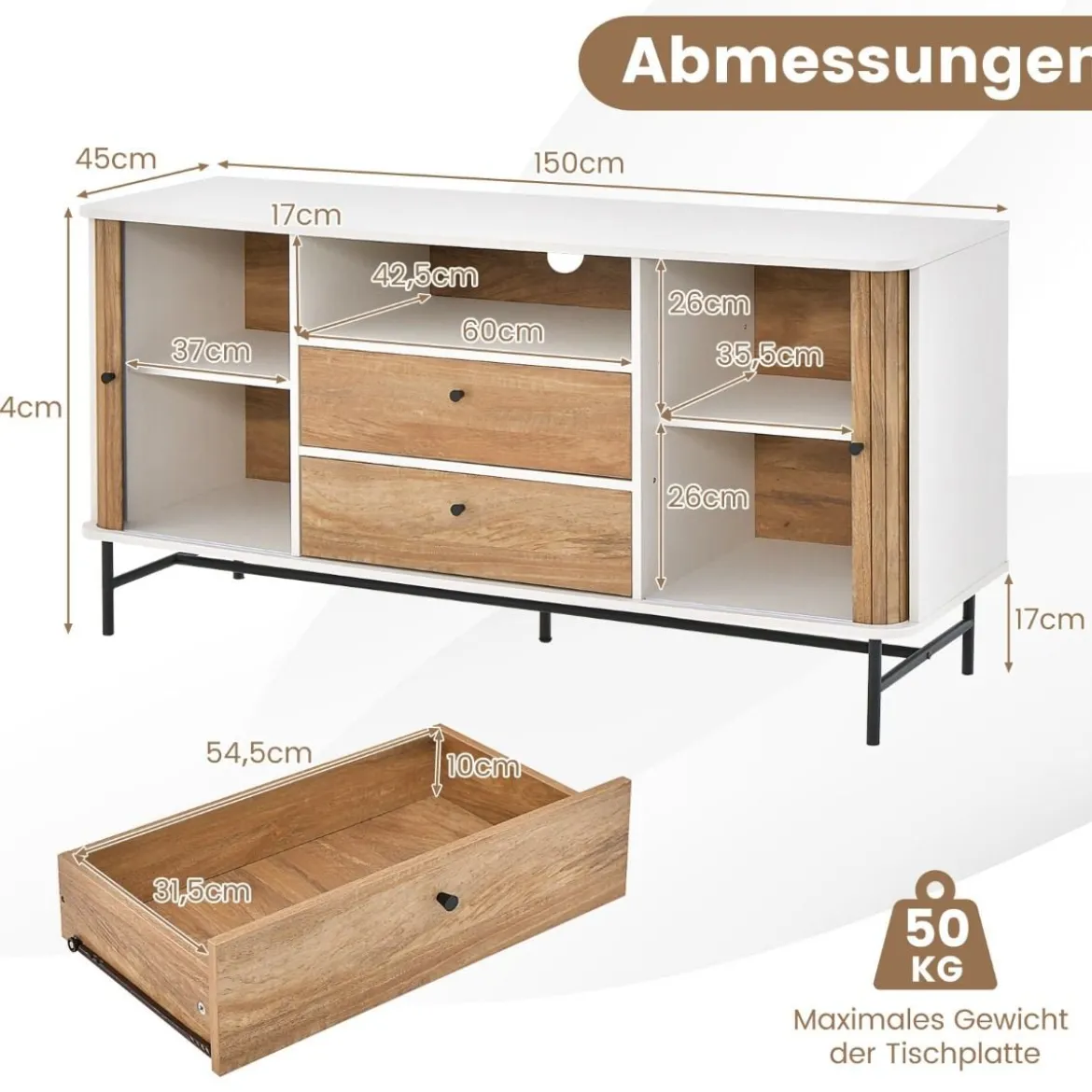 Modernes Buffet-Sideboard Kaffeebar im Mid-Century-Stil mit Schiebetüren 150 x 45 x 74 cm Weiß + Eiche