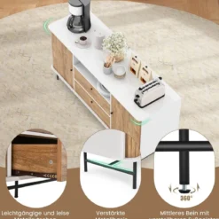 Modernes Buffet-Sideboard Kaffeebar im Mid-Century-Stil mit Schiebetüren 150 x 45 x 74 cm Weiß + Eiche