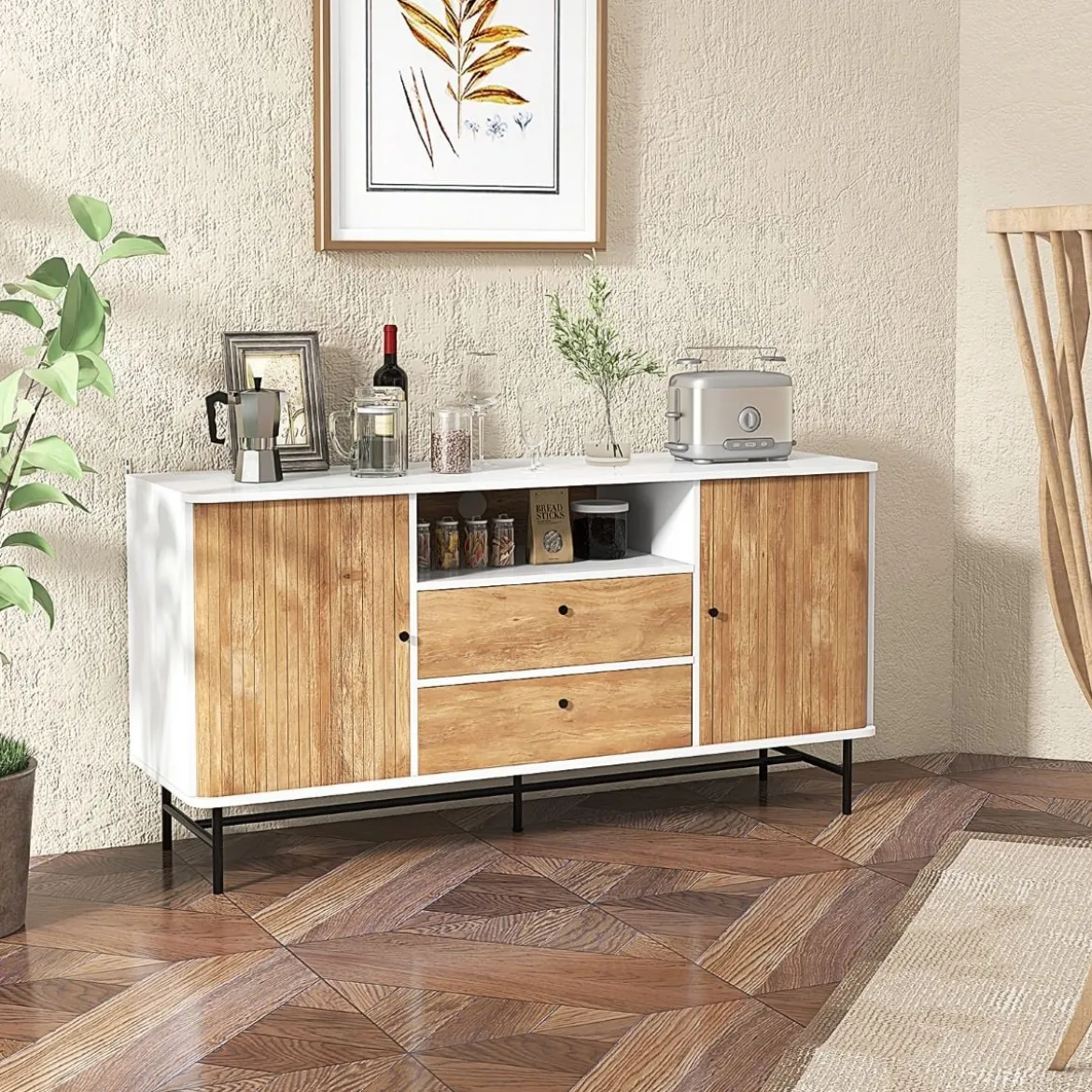 Modernes Buffet-Sideboard Kaffeebar im Mid-Century-Stil mit Schiebetüren 150 x 45 x 74 cm Weiß + Eiche