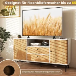 Modernes Buffet-Sideboard Kaffeebar im Mid-Century-Stil mit Schiebetüren 150 x 45 x 74 cm Weiß + Eiche