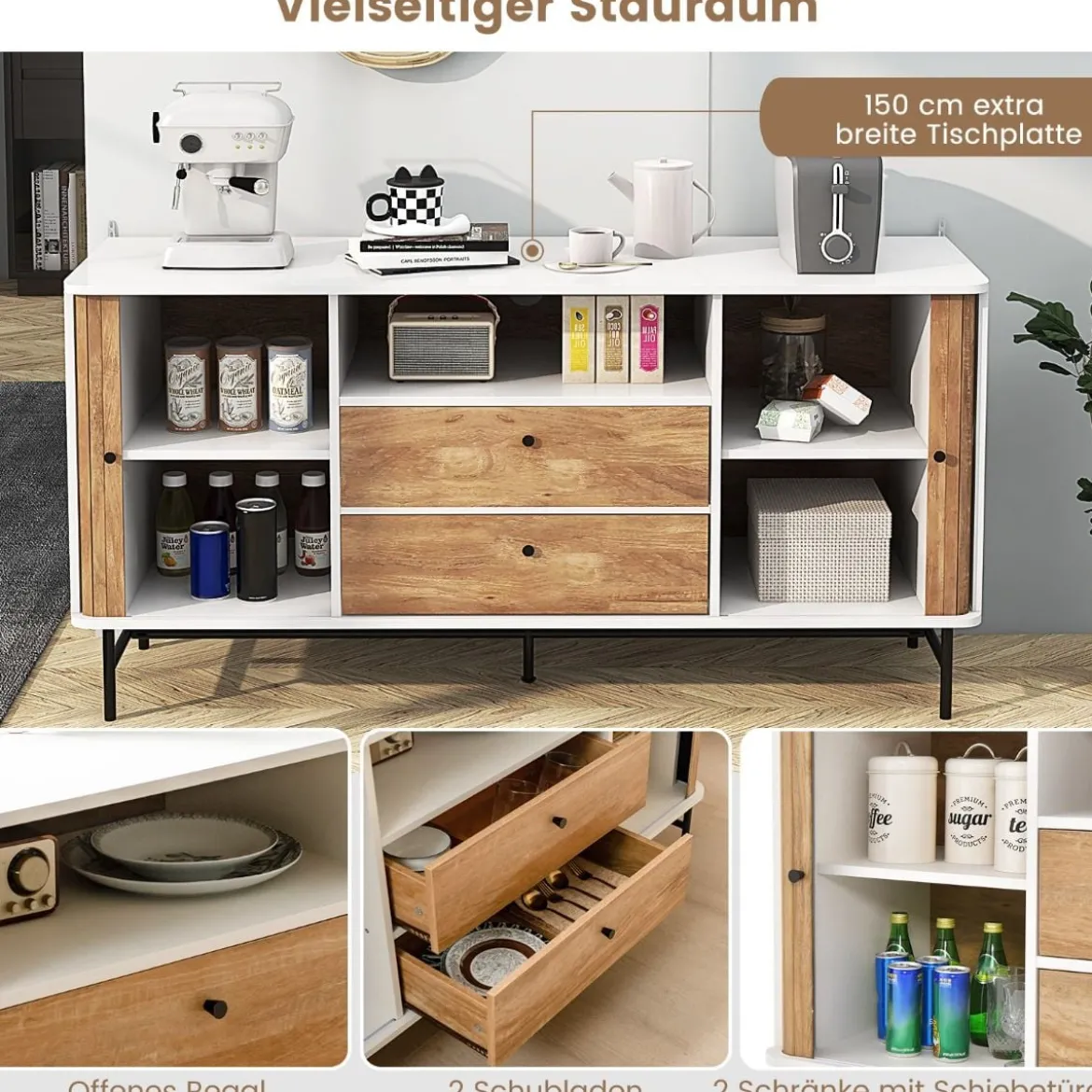 Modernes Buffet-Sideboard Kaffeebar im Mid-Century-Stil mit Schiebetüren 150 x 45 x 74 cm Weiß + Eiche