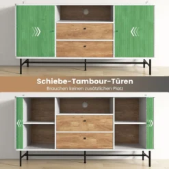 Modernes Buffet-Sideboard Kaffeebar im Mid-Century-Stil mit Schiebetüren 150 x 45 x 74 cm Weiß + Eiche