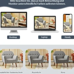 Modernes Einzelsofa Polstersessel mit Gummiholzbeinen Loungesessel mit Rückenlehne 76 x 74 x 84 cm Grau