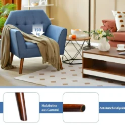 Modernes Einzelsofa Polstersessel mit Gummiholzbeinen Loungesessel mit Rückenlehne 76 x 74 x 84 cm Blau