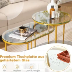 Modernes Kaffeetisch-Set mit Robustem Metallrahmen Runder & Ovaler Beistelltisch Gold
