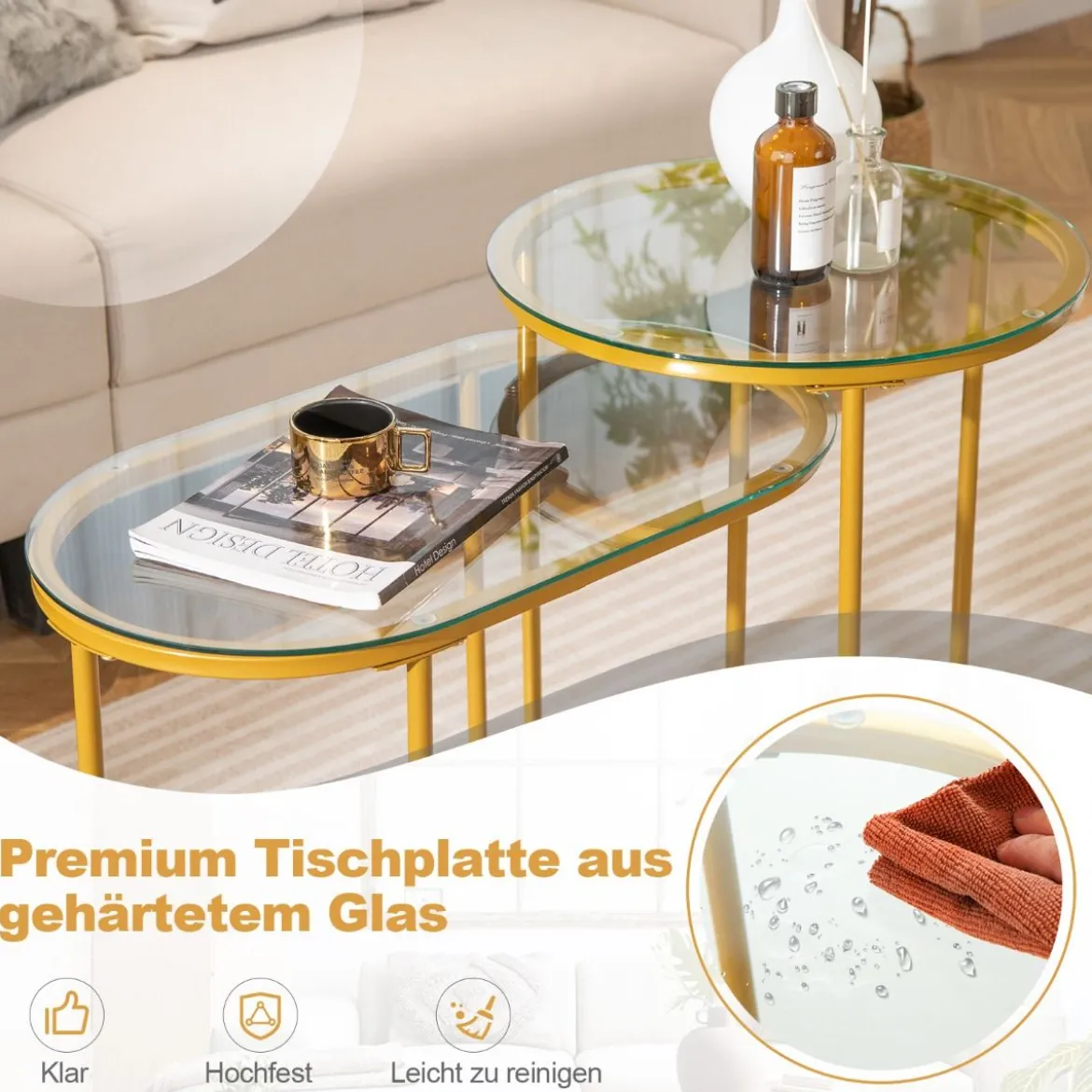 Modernes Kaffeetisch-Set mit Robustem Metallrahmen Runder & Ovaler Beistelltisch Gold