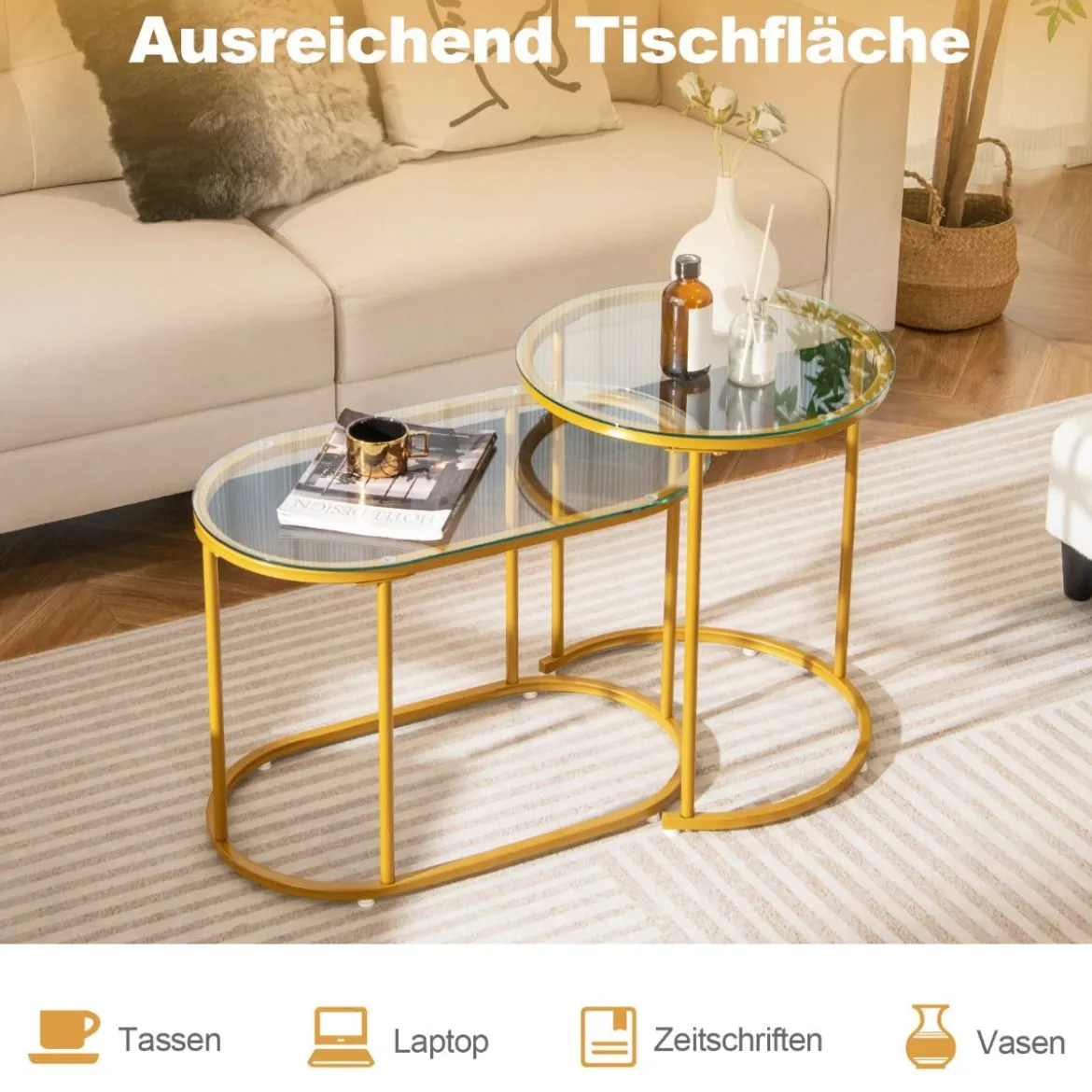 Modernes Kaffeetisch-Set mit Robustem Metallrahmen Runder & Ovaler Beistelltisch Gold