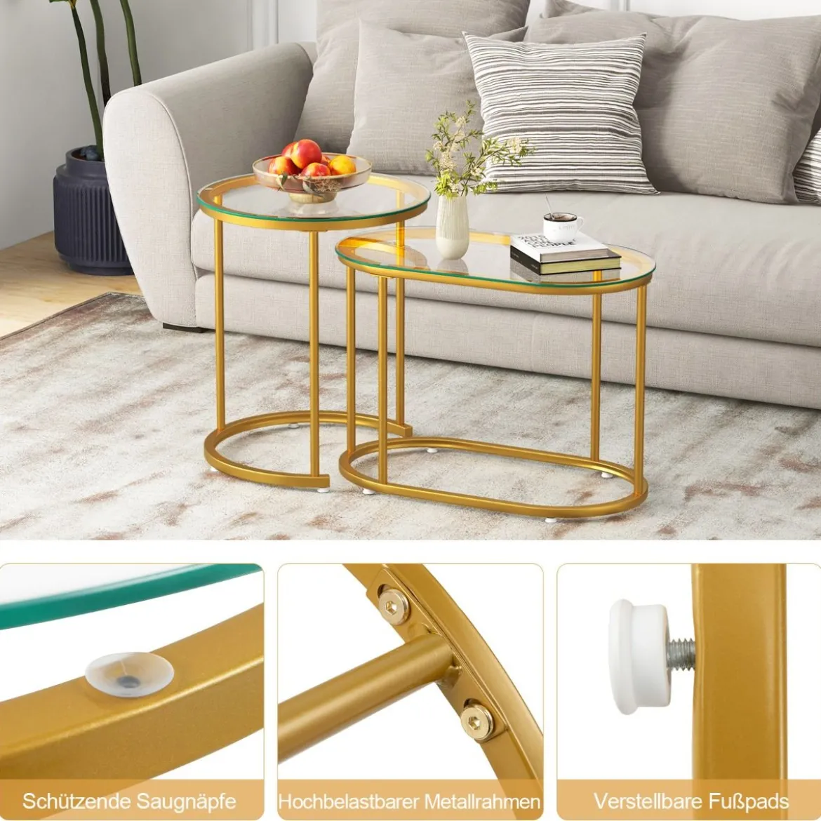 Modernes Kaffeetisch-Set mit Robustem Metallrahmen Runder & Ovaler Beistelltisch Gold