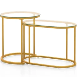 Modernes Kaffeetisch-Set mit Robustem Metallrahmen Runder & Ovaler Beistelltisch Gold