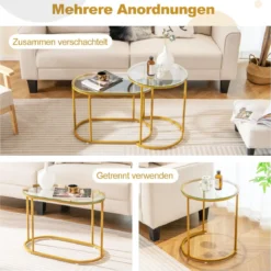 Modernes Kaffeetisch-Set mit Robustem Metallrahmen Runder & Ovaler Beistelltisch Gold