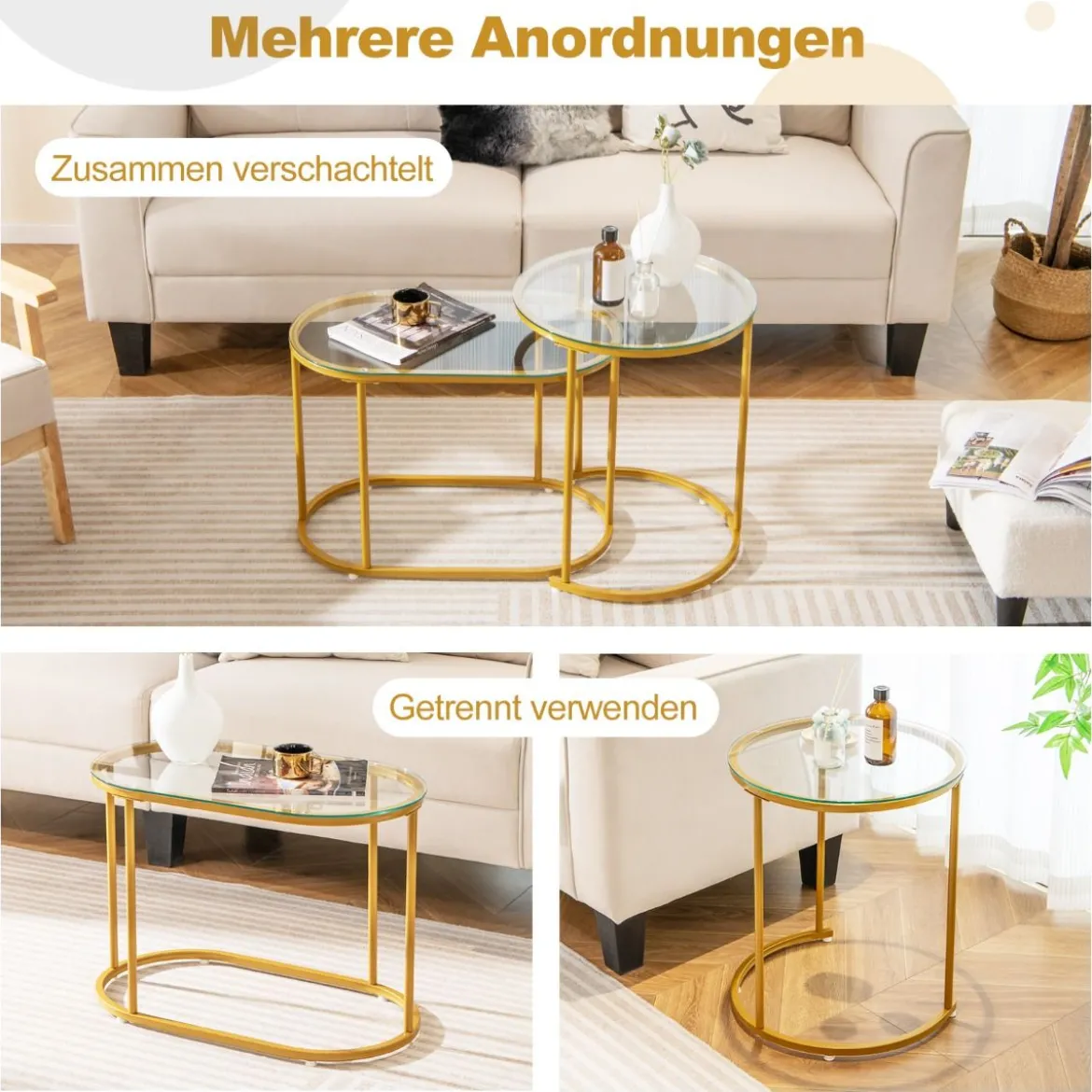 Modernes Kaffeetisch-Set mit Robustem Metallrahmen Runder & Ovaler Beistelltisch Gold