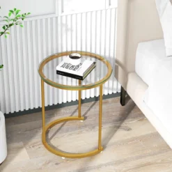 Modernes Kaffeetisch-Set mit Robustem Metallrahmen Runder & Ovaler Beistelltisch Gold