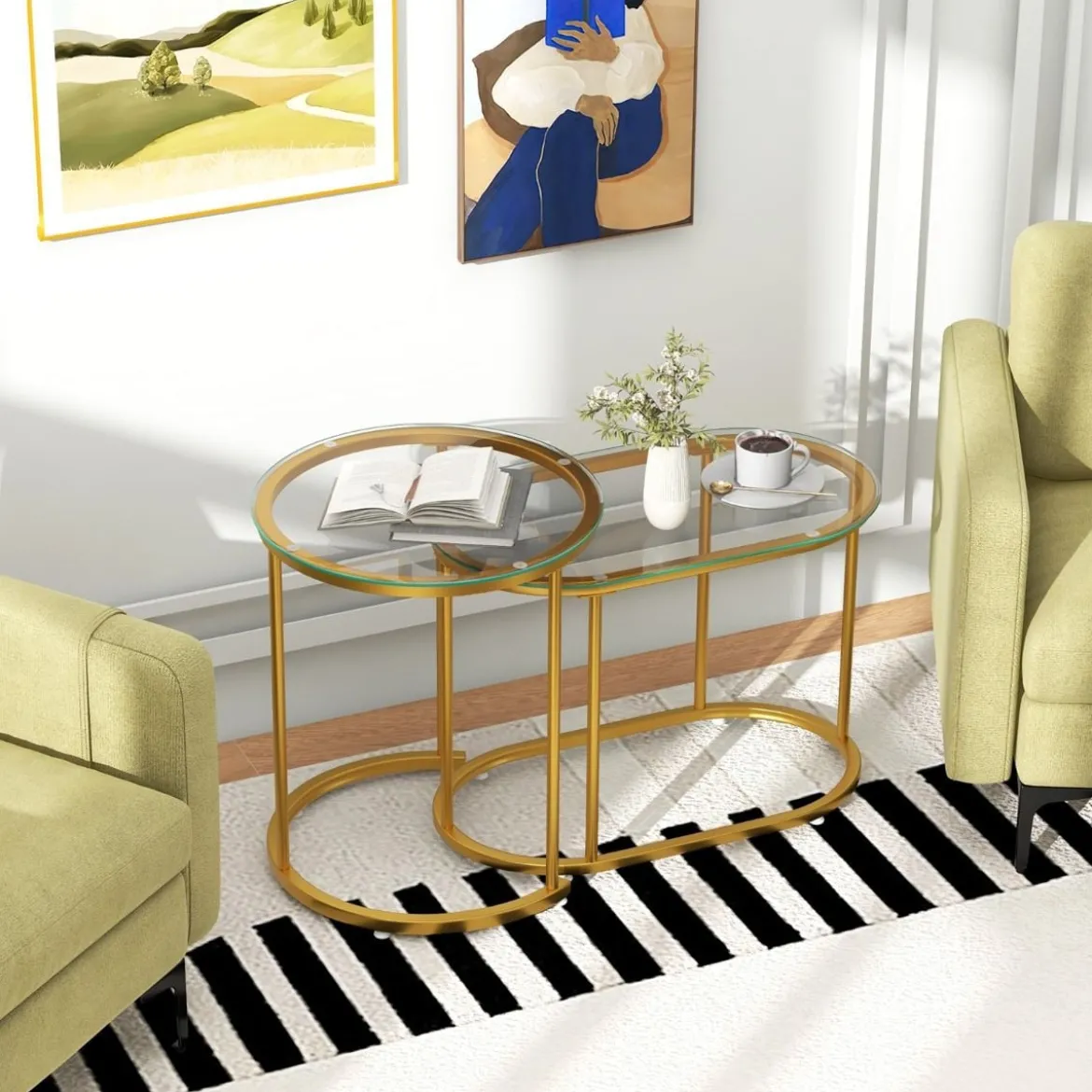Modernes Kaffeetisch-Set mit Robustem Metallrahmen Runder & Ovaler Beistelltisch Gold