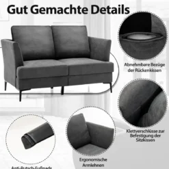 Modernes Sofa für 2 Personen Gepolstertes Zweiersofa 141 x 80 x 72 cm Grau