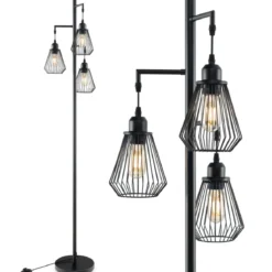 Moderne Stehlampe 169 cm industrielle Standleuchte mit 3 Lampenschirmen 25 x 168 cm Schwarz