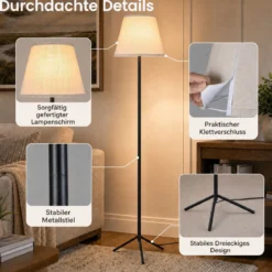 Moderne Stehlampe mit Stoffschirm E 27 Stehleuchte mit Dreifuß-metallgestell & Fußschalter